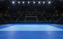 試合前の誰もいない柔道会場の青い畳と照明のイメージ