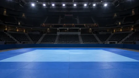 試合前の誰もいない柔道会場の青い畳と照明のイメージ