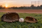 夕方のグラウンド脇の芝生に並んだ大人用と子ども用の野球グローブと硬式野球ボール