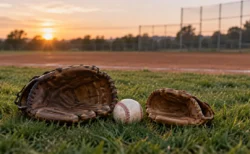 夕方のグラウンド脇の芝生に並んだ大人用と子ども用の野球グローブと硬式野球ボール