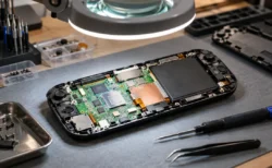 修理作業台の上の電子基板と精密ドライバー