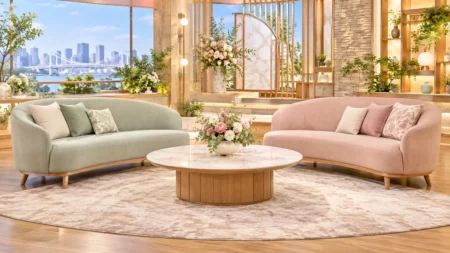 テレビ番組のトークセットを思わせる、花が飾られたソファと低いテーブル