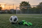 夕方の人工芝グラウンドのゴール前に置かれたGKグローブとサッカーボール