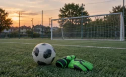 夕方の人工芝グラウンドのゴール前に置かれたGKグローブとサッカーボール