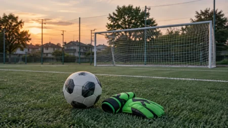 夕方の人工芝グラウンドのゴール前に置かれたGKグローブとサッカーボール