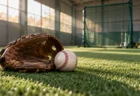 屋内練習場の人工芝に置かれた野球のグラブと硬式ボール