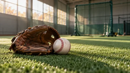屋内練習場の人工芝に置かれた野球のグラブと硬式ボール