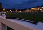 夜の競馬場のパドックに灯る街灯と、柵にかけられた2本の騎手用ムチ