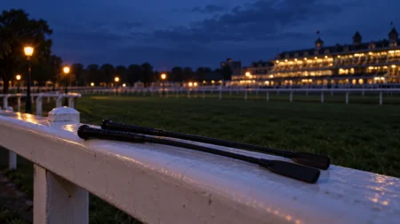 夜の競馬場のパドックに灯る街灯と、柵にかけられた2本の騎手用ムチ