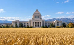 政府庁舎の建物と手前に広がる黄金色の麦畑