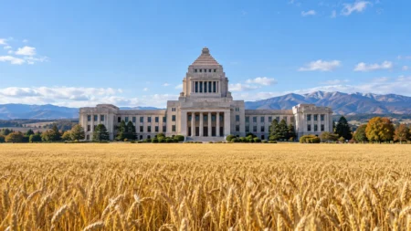 政府庁舎の建物と手前に広がる黄金色の麦畑
