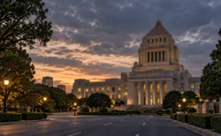 夕暮れの空の下に建つ重厚な石造りの議事堂風の建物と、手前の並木道