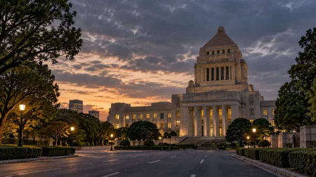 夕暮れの空の下に建つ重厚な石造りの議事堂風の建物と、手前の並木道