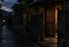 夕暮れ後の路地、少し開いた木の門から暖かな灯りが漏れる古い家
