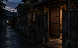 夕暮れ後の路地、少し開いた木の門から暖かな灯りが漏れる古い家