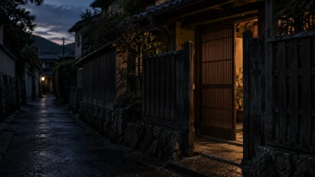 夕暮れ後の路地、少し開いた木の門から暖かな灯りが漏れる古い家