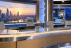 朝の情報番組を思わせる無人のテレビスタジオ。コメンテーター席の長いデスクにマイクとモニターが並ぶ