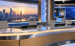 朝の情報番組を思わせる無人のテレビスタジオ。コメンテーター席の長いデスクにマイクとモニターが並ぶ