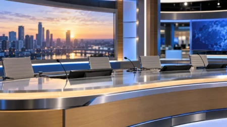 朝の情報番組を思わせる無人のテレビスタジオ。コメンテーター席の長いデスクにマイクとモニターが並ぶ