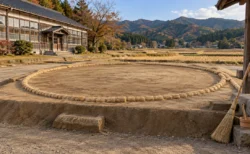 秋の田園と山並みを背景に、古い木造校舎の前に設けられた屋外の土俵