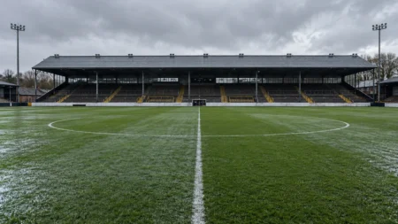 雨上がりのサッカースタジアムのセンターサークル
