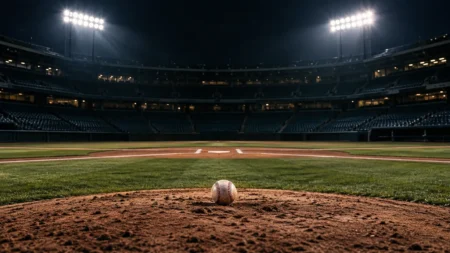 ナイター照明に照らされた夜の球場のマウンド