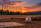 夕暮れの高校野球のグラウンドに置かれたバットと白球