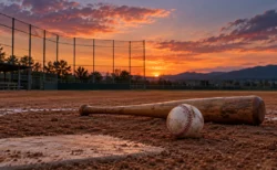 夕暮れの高校野球のグラウンドに置かれたバットと白球