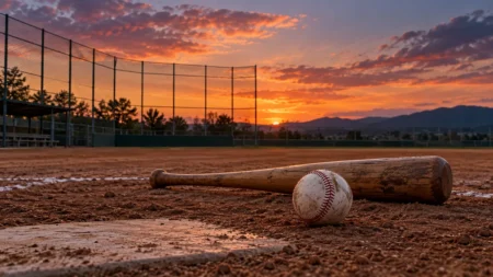 夕暮れの高校野球のグラウンドに置かれたバットと白球