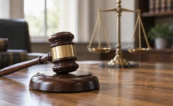 木製の机に置かれた裁判の木槌と、背景にぼかした天秤