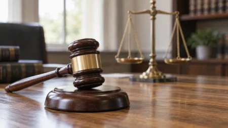 木製の机に置かれた裁判の木槌と、背景にぼかした天秤