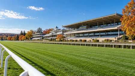 秋の競馬場のスタンド前に広がる芝コース