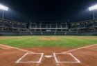 ナイター照明に照らされた無人の野球場のホームベースと内野