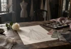 衣装アトリエの作業台に置かれた手描きのデザイン画と布見本、白いバラ