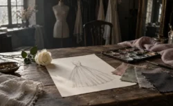 衣装アトリエの作業台に置かれた手描きのデザイン画と布見本、白いバラ