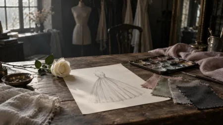 衣装アトリエの作業台に置かれた手描きのデザイン画と布見本、白いバラ