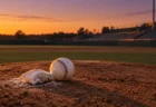 夕暮れの野球場のマウンドに置かれたロジンバッグと白いボール
