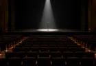 開演前の無人のコンサートホールとスポットライトに照らされたスタンドマイク