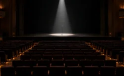 開演前の無人のコンサートホールとスポットライトに照らされたスタンドマイク