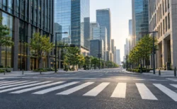 朝の東京のオフィス街と無人の横断歩道
