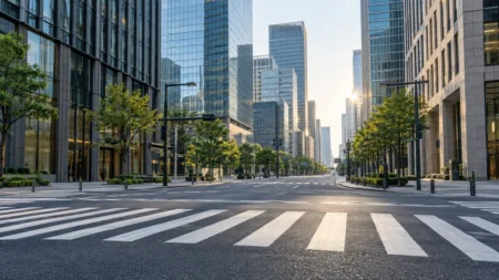 朝の東京のオフィス街と無人の横断歩道