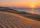 夕日に照らされた風紋の砂丘と、その向こうに広がる穏やかな海