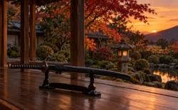 夕暮れの日本家屋の縁側に置かれた刀掛けと、庭の紅葉