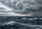 厚い雨雲が渦を巻く空の下、うねりで白波が立つ荒れた外洋