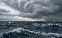 厚い雨雲が渦を巻く空の下、うねりで白波が立つ荒れた外洋