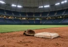 ドーム球場の内野、二塁ベース付近に置かれた内野手用のグラブ