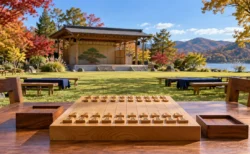 秋晴れの公園の芝生広場に並ぶ将棋盤と駒