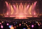 ピンクとアプリコット色の照明に照らされた開演前のコンサートステージと、客席に広がる光の玉ボケ