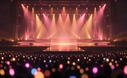 ピンクとアプリコット色の照明に照らされた開演前のコンサートステージと、客席に広がる光の玉ボケ