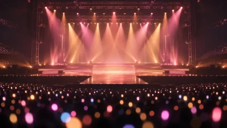 ピンクとアプリコット色の照明に照らされた開演前のコンサートステージと、客席に広がる光の玉ボケ
